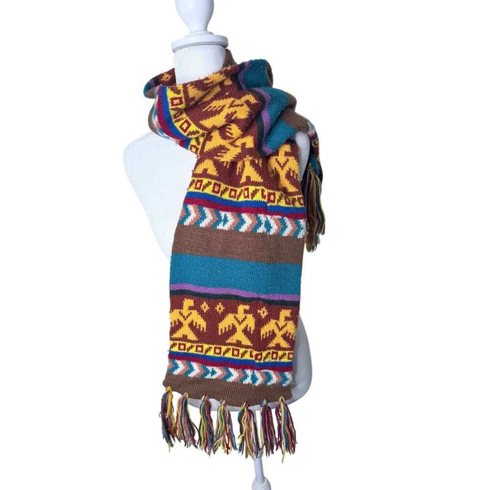 Vintage Knit Scarf With Fringe Multicolor 54 in Tribal Aztec Southwest